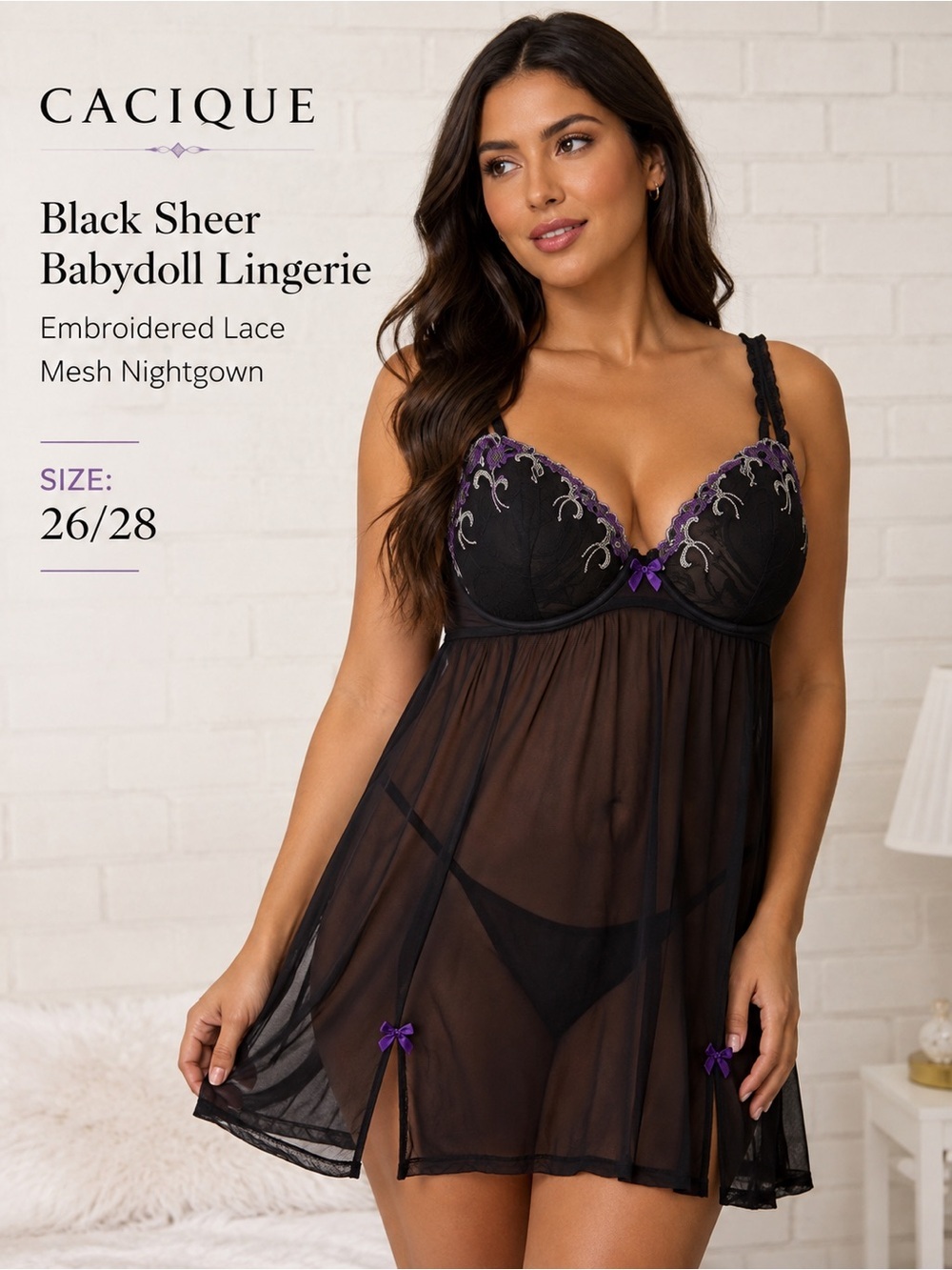Cacique Black Sheer Babydoll Lingerie 26/28 Embroidered Lace Mesh Nightgown